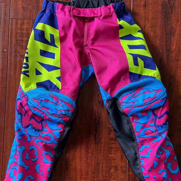 Fox Racing Youth Moto-X Pants Size 4 Neon Yellow Pink Blue MX Gear - Picture 1 of 15